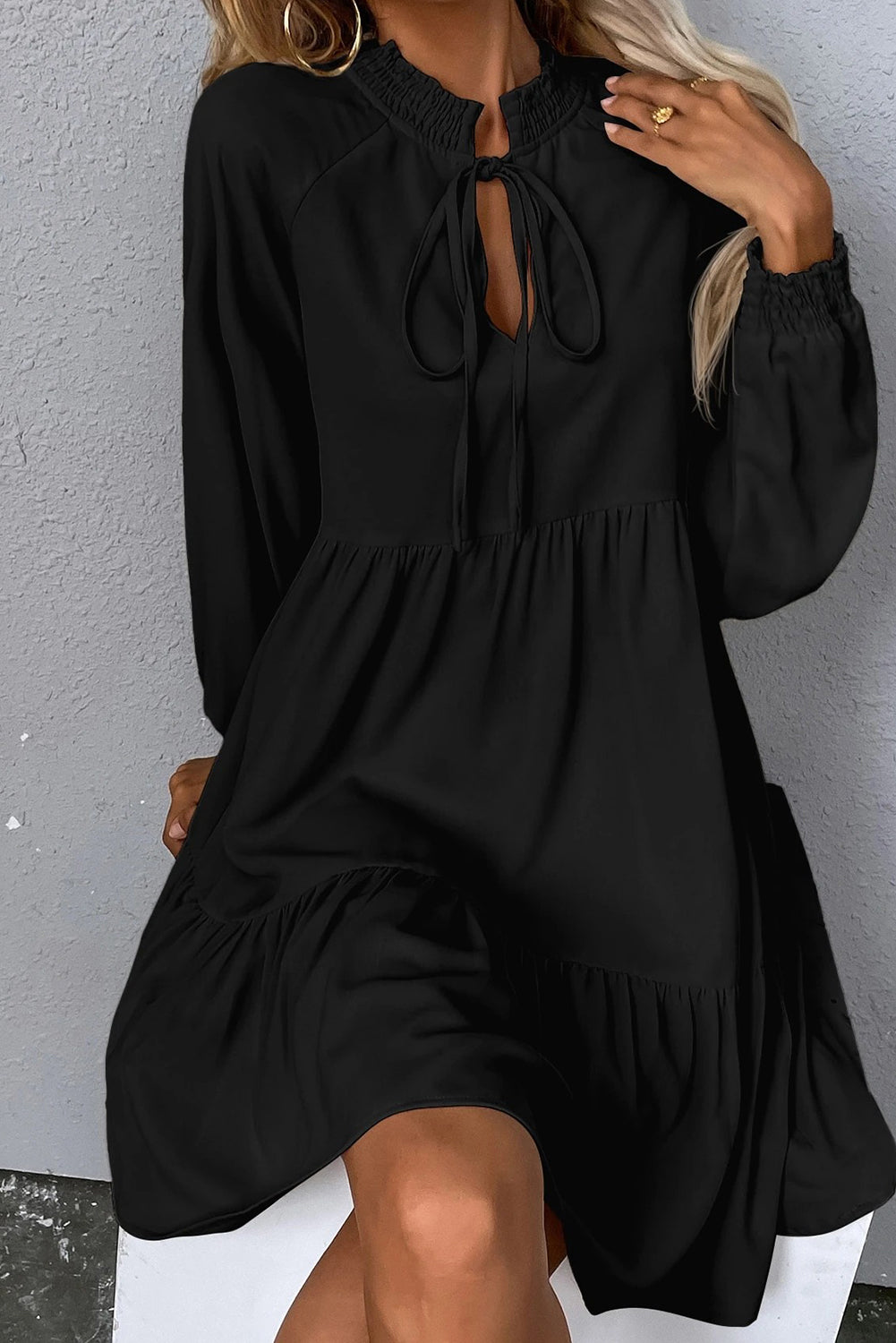 Black Tie Split Neck Smocked Detail Puff Sleeve Ruffle Hem Loose Dress Short Dresses c548ad0de3001a93