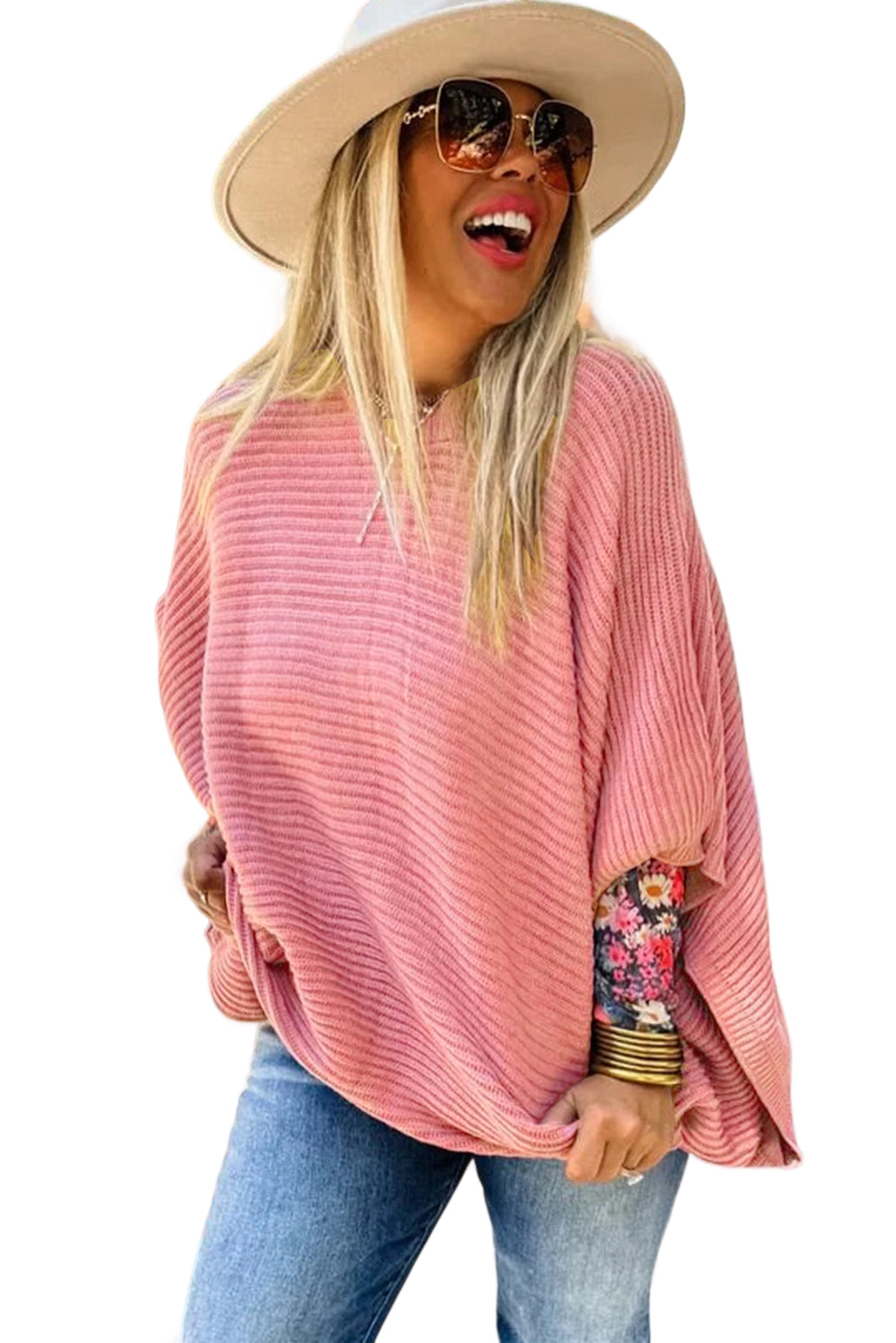 Light Pink Ribbed Knit Half Sleeve Plus Size Poncho Style Sweater Plus Size Sweaters&Cardigans c5a3f3c8e8fc8163