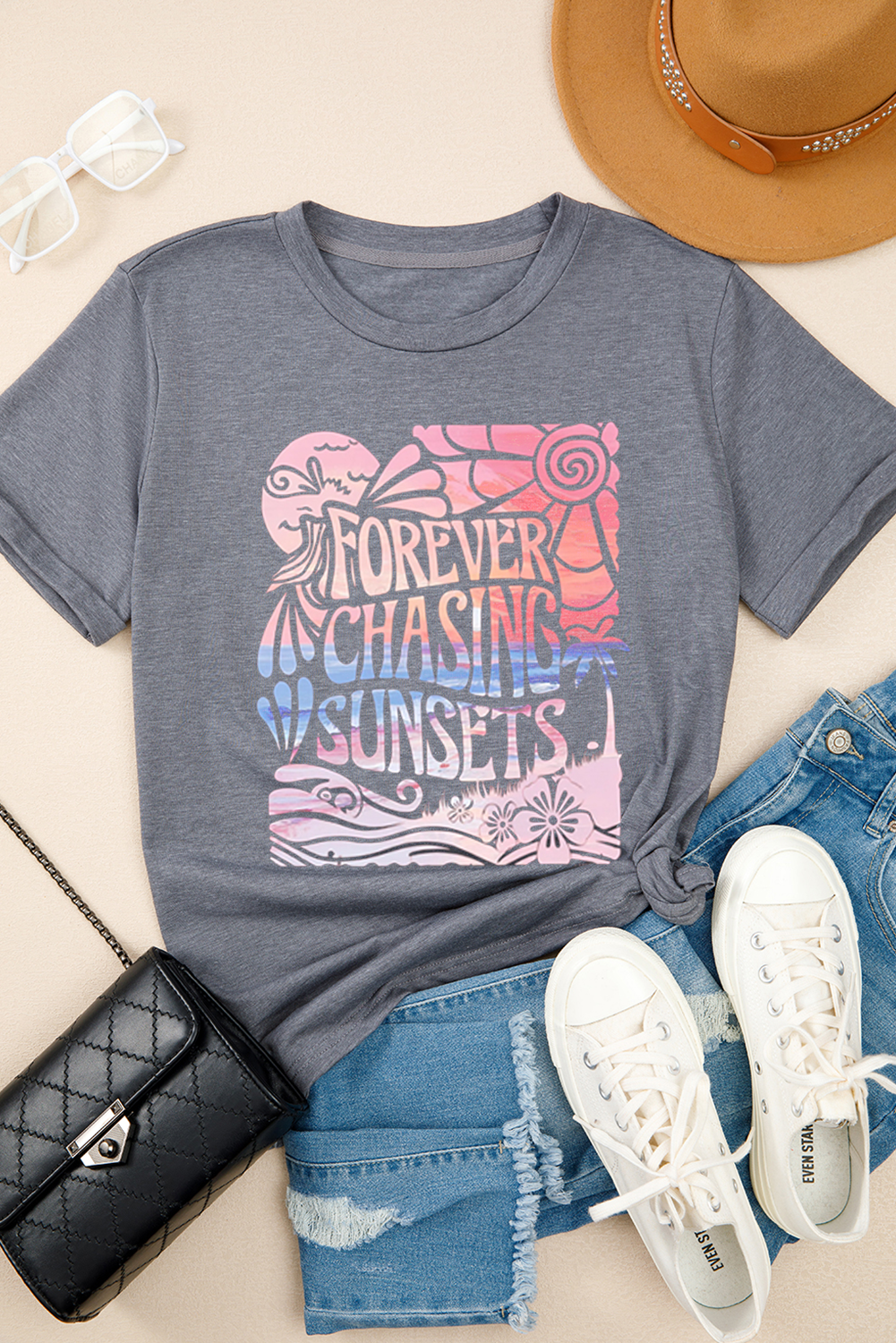 Gray FOREVER CHASING SUNSETS Heat Transfer Printing Graphic Summer T Shirt Graphic Tees c5b6e2d7e928dc0d