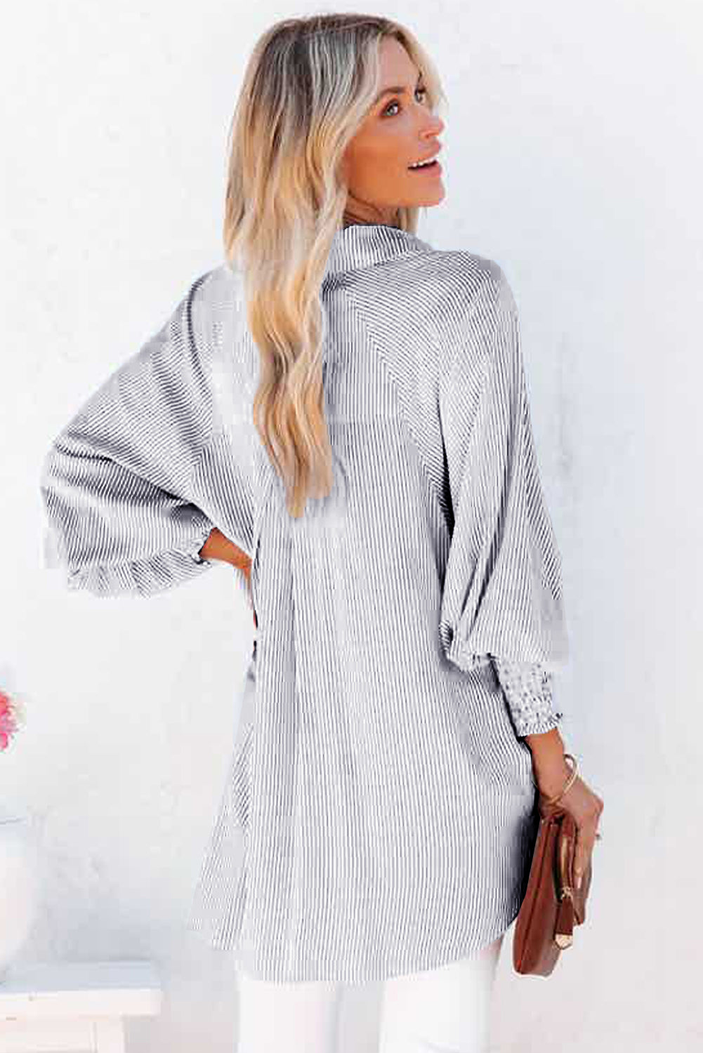 Black Striped Casual Shirred Cuffs Shirt Long Sleeve Tops c5b78ab0ec3aaf5f