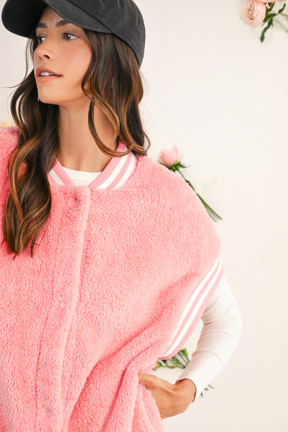 Gossamer Pink Contrast Trim Plush Sleeveless Coat Coats c5f866e30e1296ff