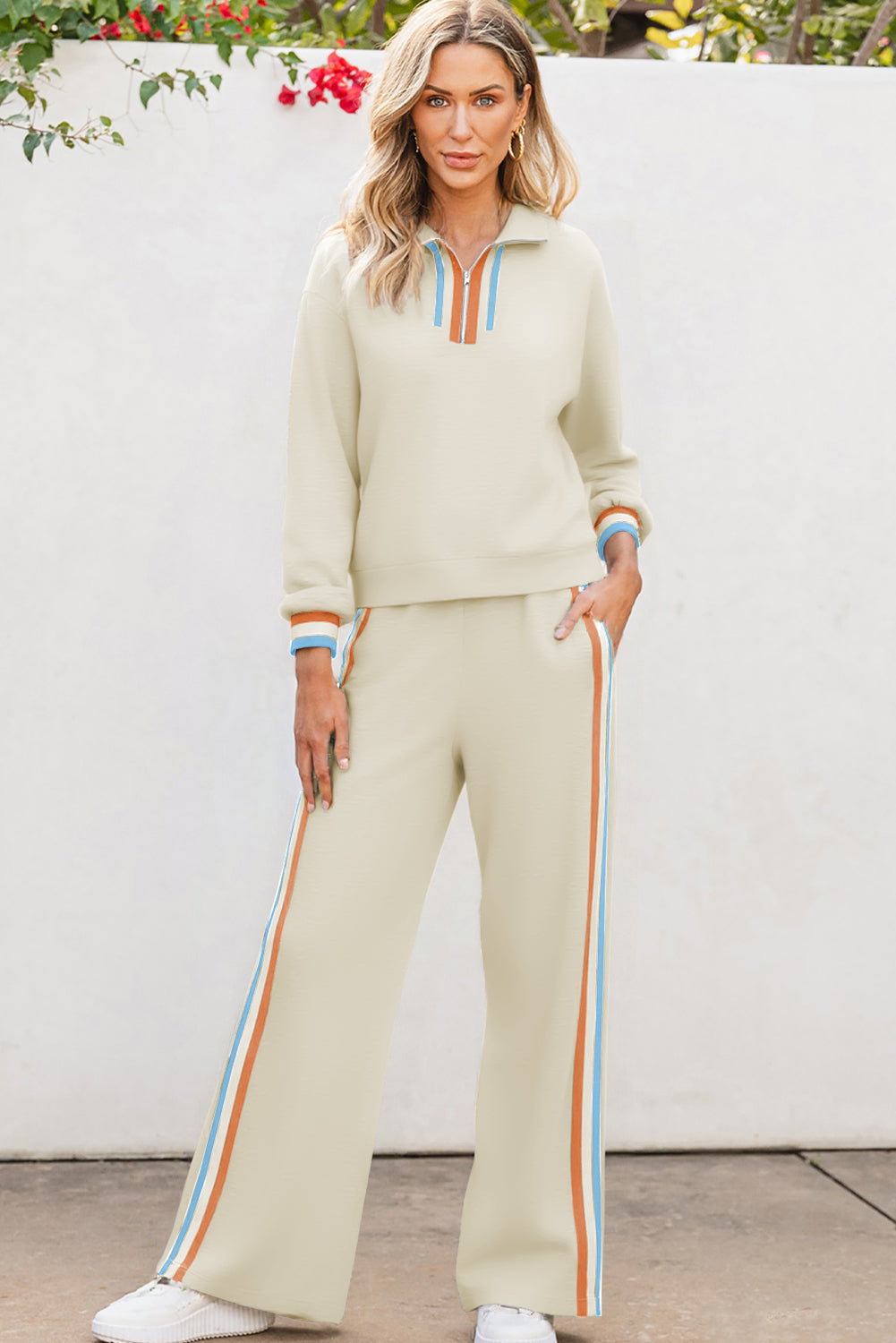 Apricot Striped Patchwork Quarter Zip Pullover Loose Pants Set Two Piece Pants Sets c65883bb68cee406