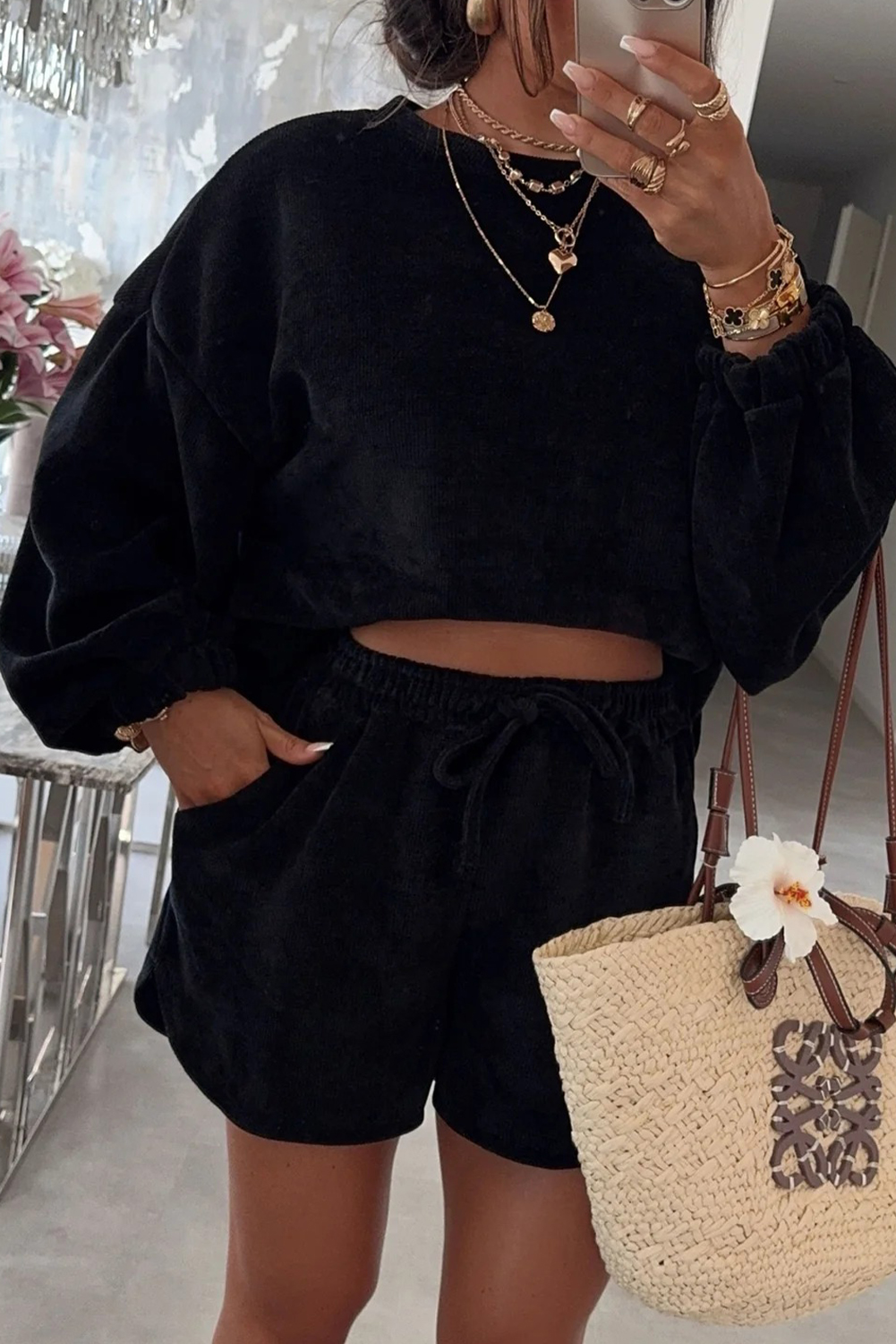 Black Textured Knit Drop Shoulder Pullover Drawstring Shorts Set Two Piece Shorts Sets c68e8be3c6553e96