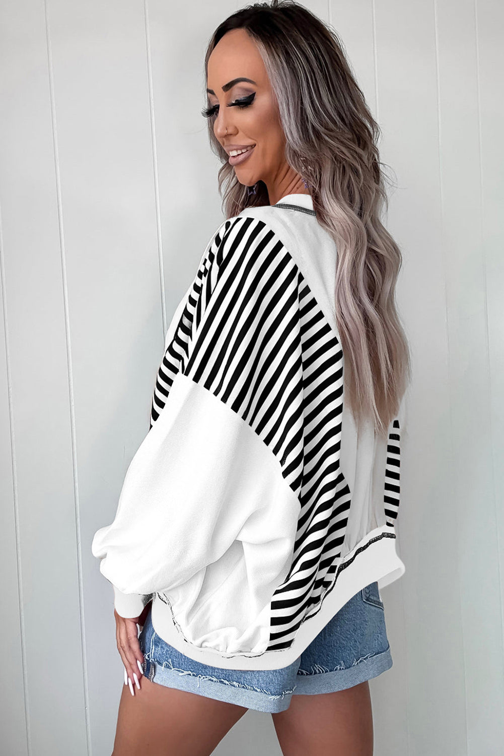 Brown Striped Colorblock Patchwork Oversized Sweatshirt Sweatshirts & Hoodies c6a191cbf9de9d9e