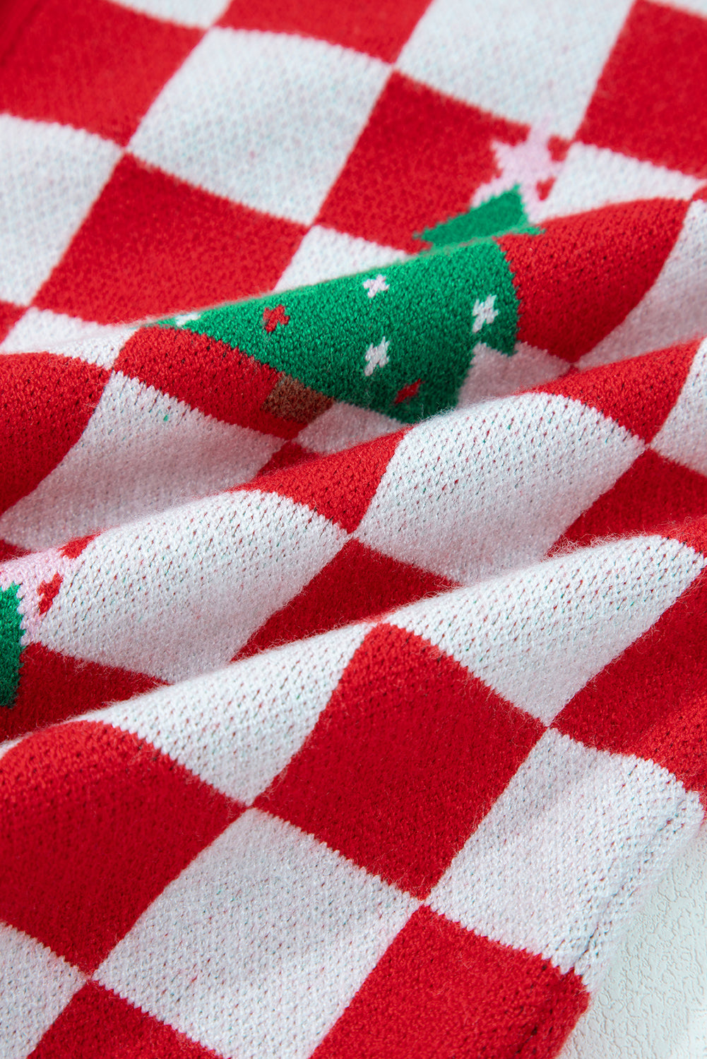 Red Checkered Christmas Tree Pattern Button V Neck Knit Cardigan Cardigans c6ad6b37054313b6