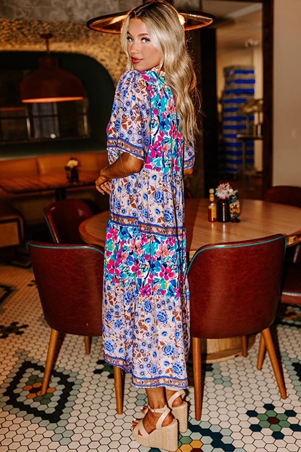 Sky Blue Mixed Floral Print Tie Split Neck Short Sleeve Dress Midi Dresses c6d97b03d92ecb71