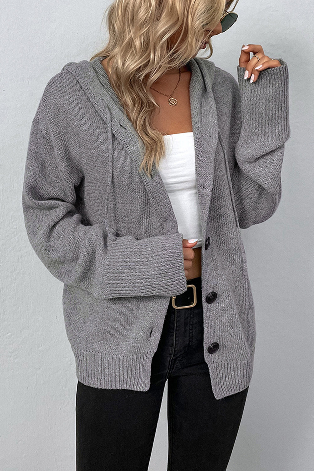 Medium Grey Hooded Button Up Drop Shoulder Sweater Cardigan Cardigans c6e6020c571565f2