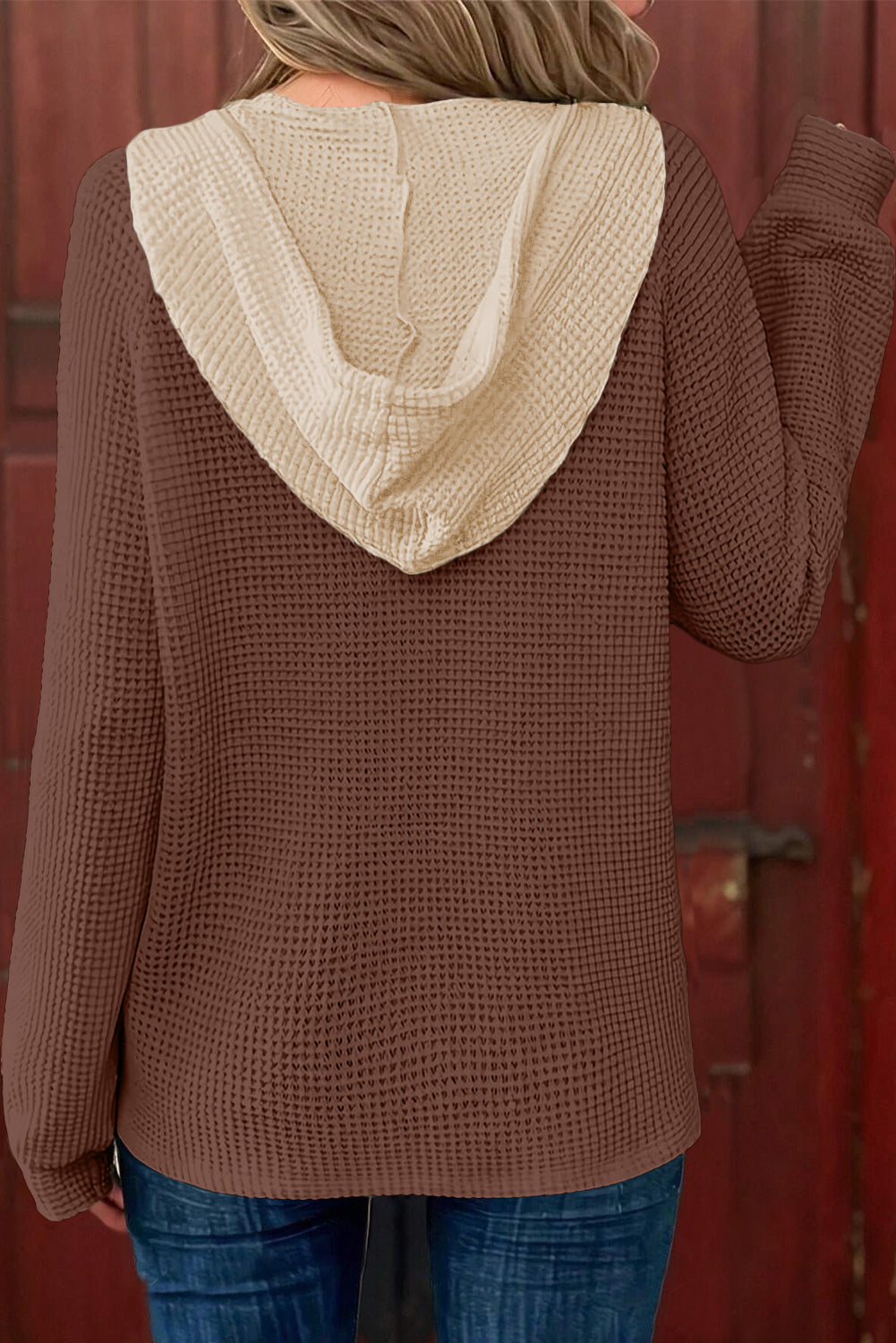 White Waffle Contrast Half Buttoned Hooded Pullover Top Long Sleeve Tops c6f06ef7b1ab78a6