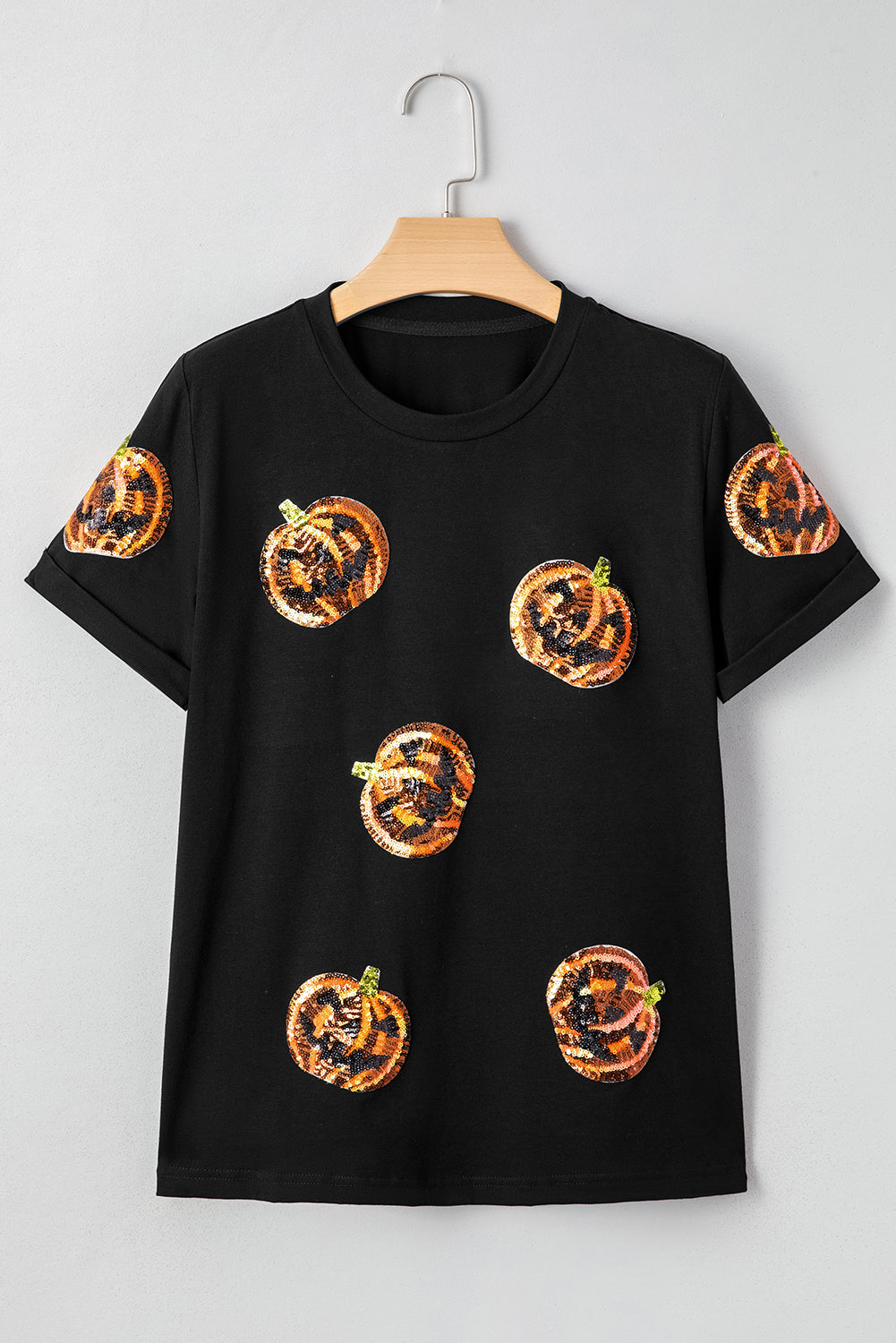 Black Halloween Sequin Pumpkin Face Graphic T Shirt Graphic Tees c759f8fbc437e487