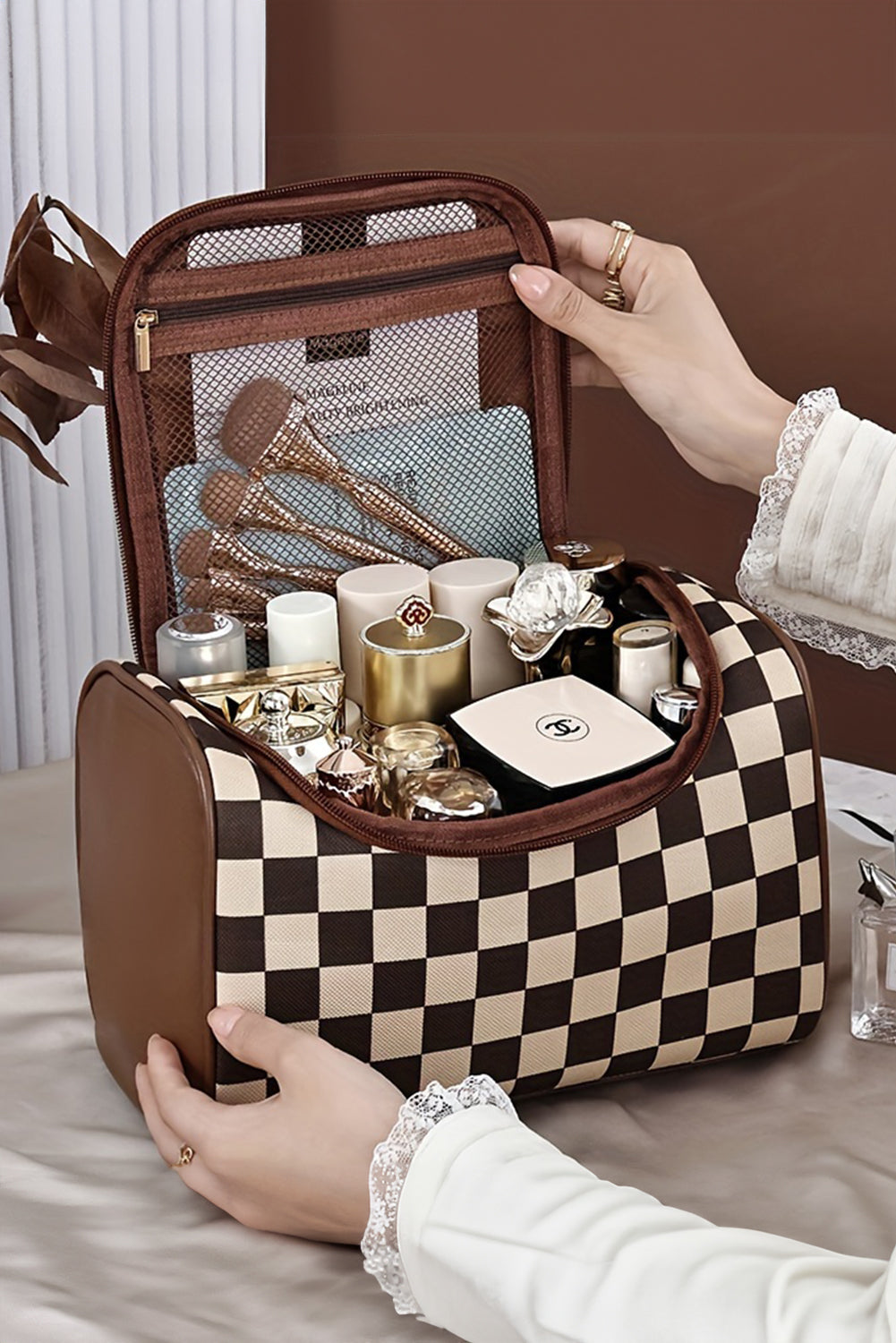 Checkered Zipper Large Cosmetic Bag with Handle Bags c76613d7ac9565b1