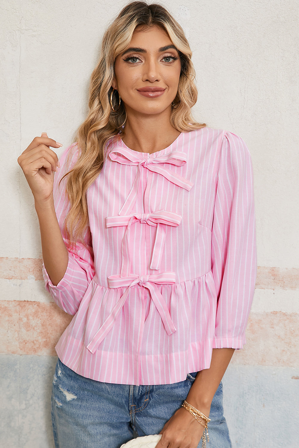 Pink Striped Print Sweet Bow Tie Blouse Blouses c799fbbd530de55e