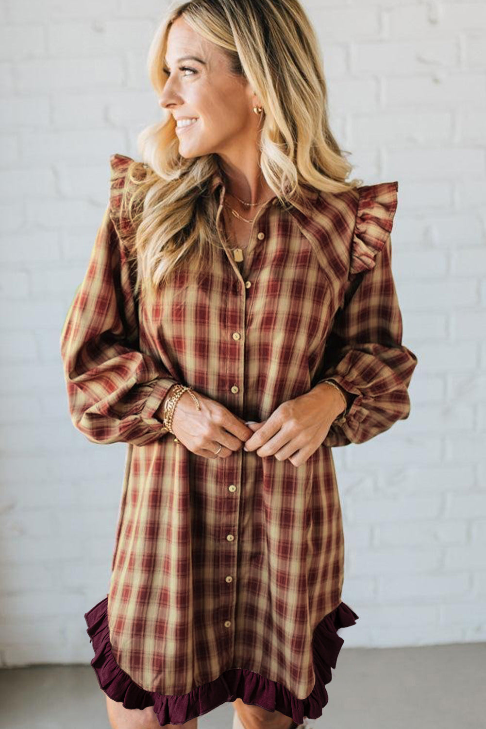 Red Plaid Print Ruffled Long Sleeve Patchwork Hem Mini Shirt Dress Short Dresses c7ce3fa8a6c048f8