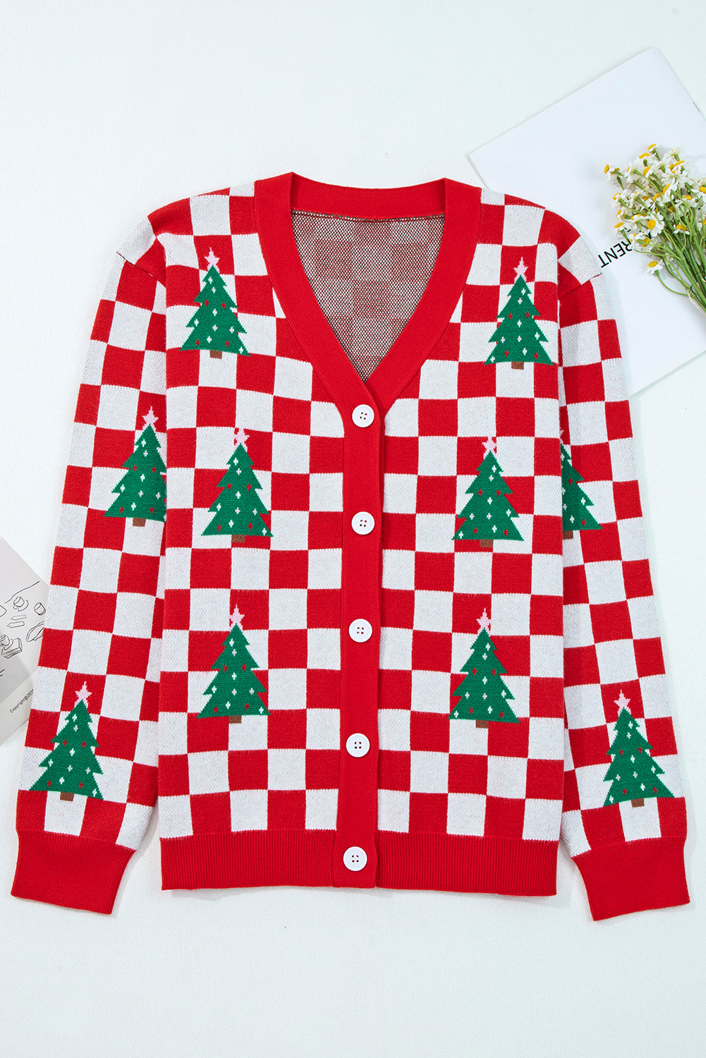 Red Checkered Christmas Tree Pattern Button V Neck Knit Cardigan Cardigans c7ce8bc7a06da2b8