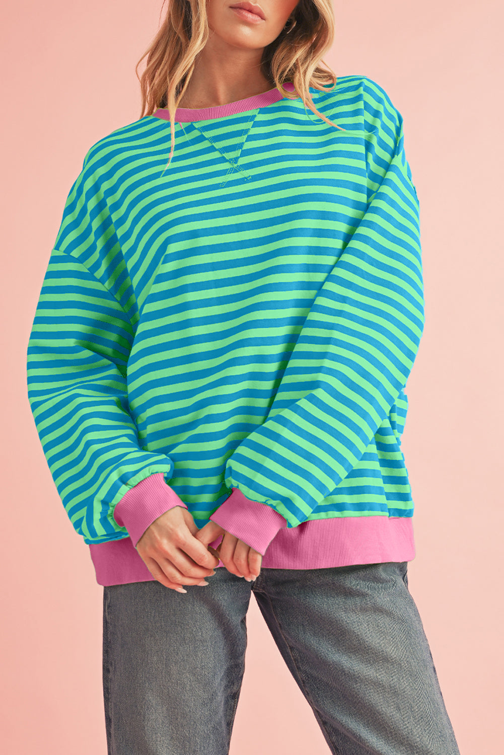 Blue Stripe Contrast Edge Cross Seam Oversized Pullover Sweatshirts & Hoodies c81667cd07b7b428