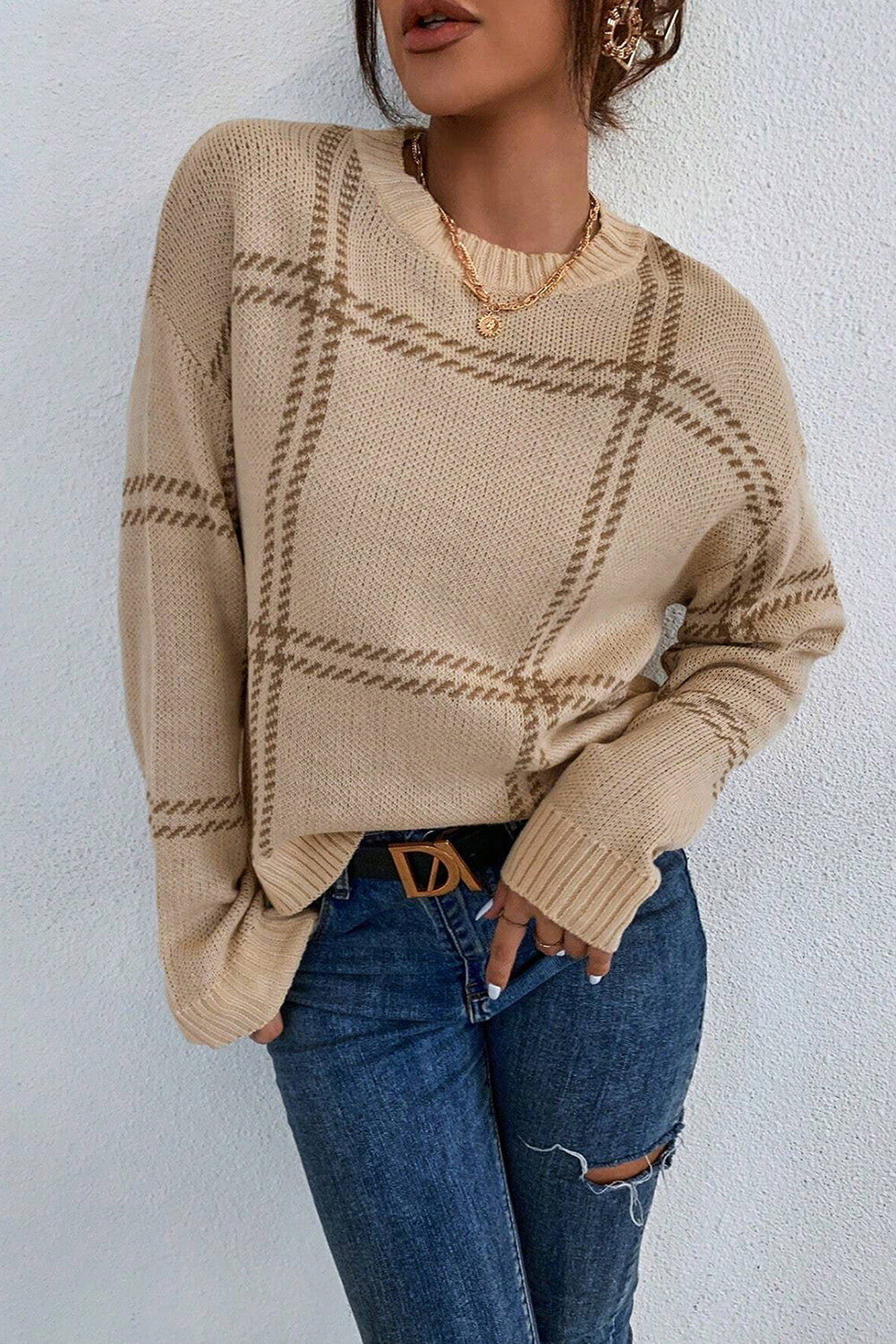 Khaki Plaid Pattern Knitted Drop Shoulder Sweater Sweaters c8285f9246316749