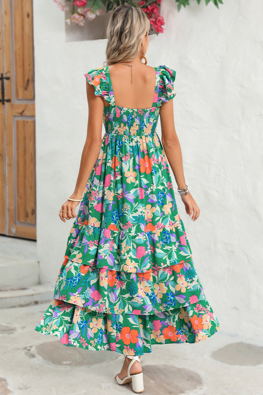 Green Boho Floral Print Ruffle Sleeveless Tiered Maxi Dress Maxi Dresses c8647f39988b5a0e