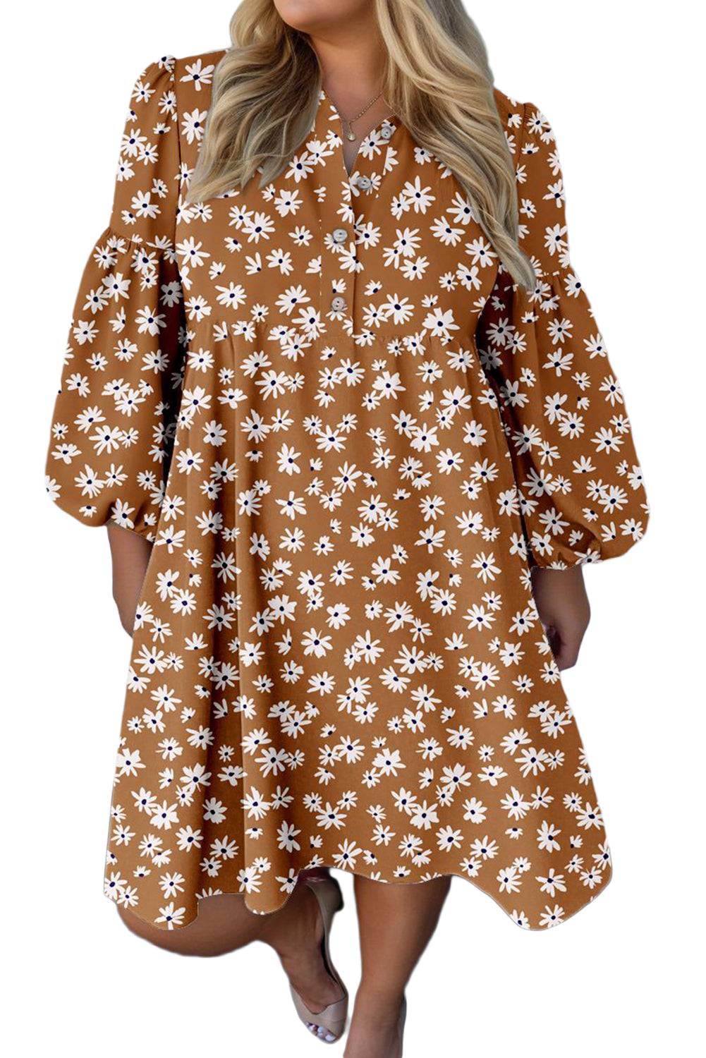 Khaki Plus Size Daisy Floral Print Button Split Neck Puff Sleeve Dress Plus Size Dresses c881f480422c8dbc