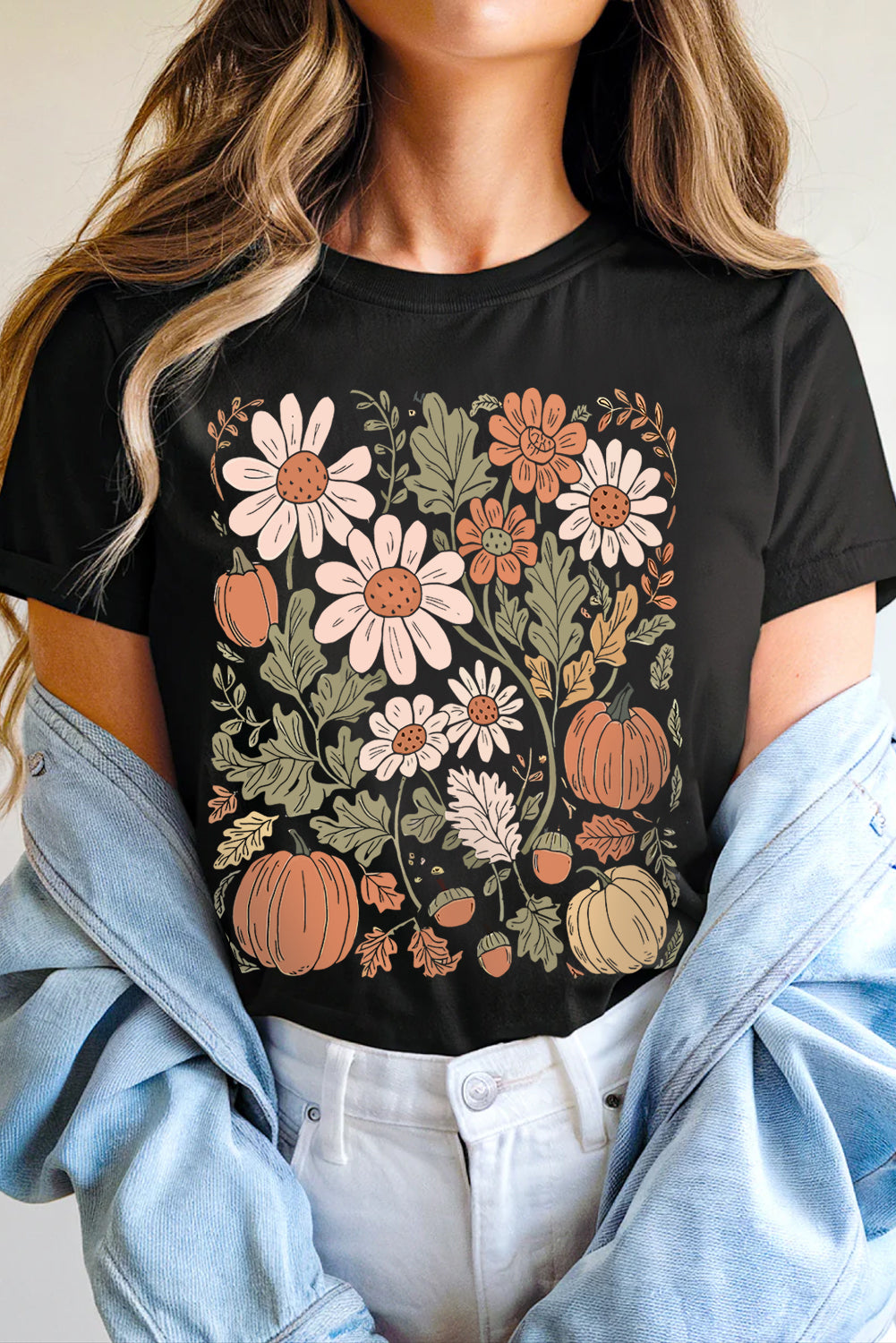 Black Wild Flower Pumpkin Heat Transfer Printing T Shirt Graphic Tees c8a20a8a93f2672e