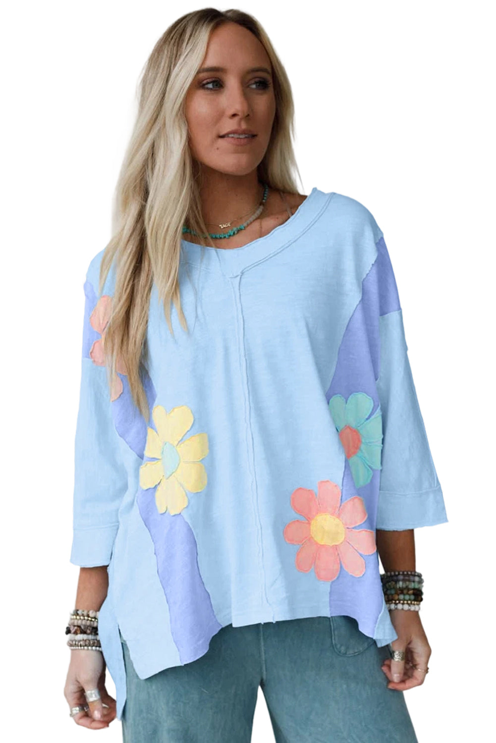 Light Blue Flower Patched Exposed Seam 3/4 Sleeve top Long Sleeve Tops c8fc7ea6225faf6d