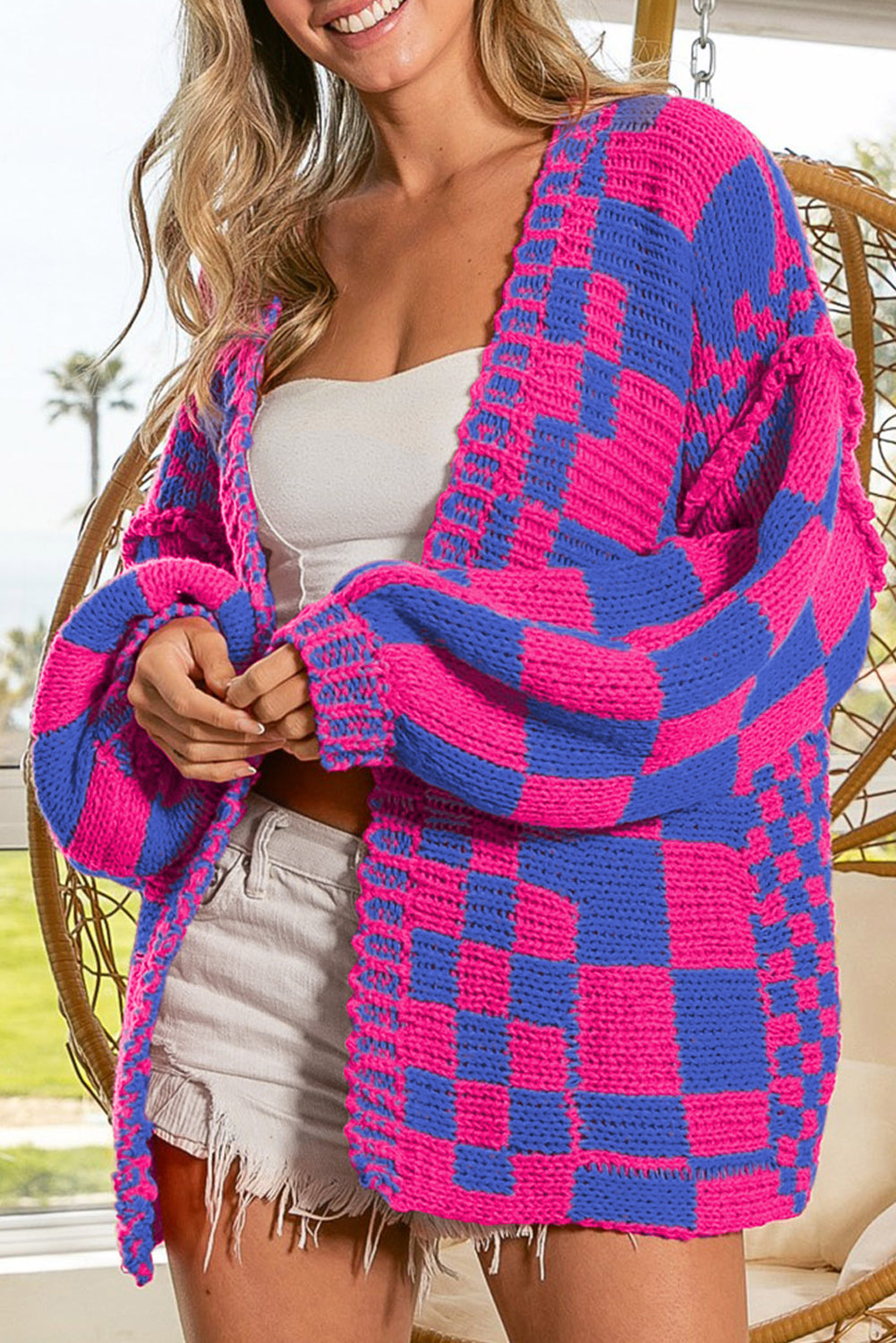 Orchid Petal Colorblock Checked Open Front Knitted Cardigan Cardigans c95edbe77b38bdfa