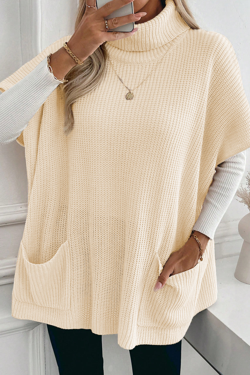 Jet Stream Plain Knit Casual Turtleneck Short Sleeve Tunic Sweater with Pockets Sweaters c96ed71b86e90673