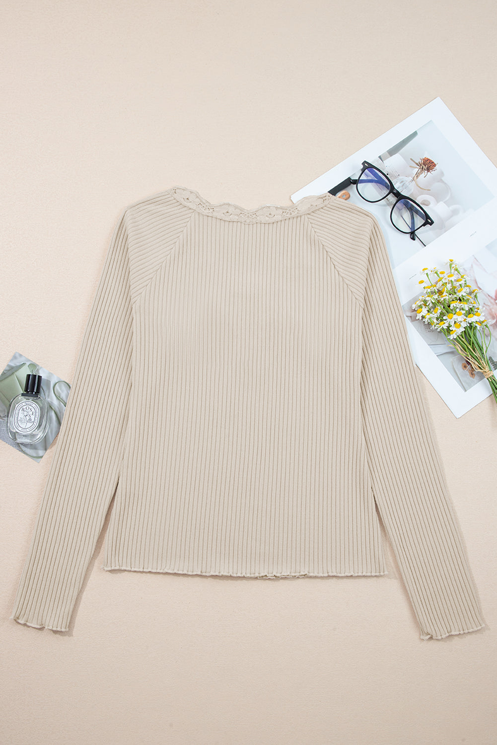 Beige Lace Neckline Button Decor Lettuce Edge Long Sleeve Ribbed Top Long Sleeve Tops c992061a45130e7f
