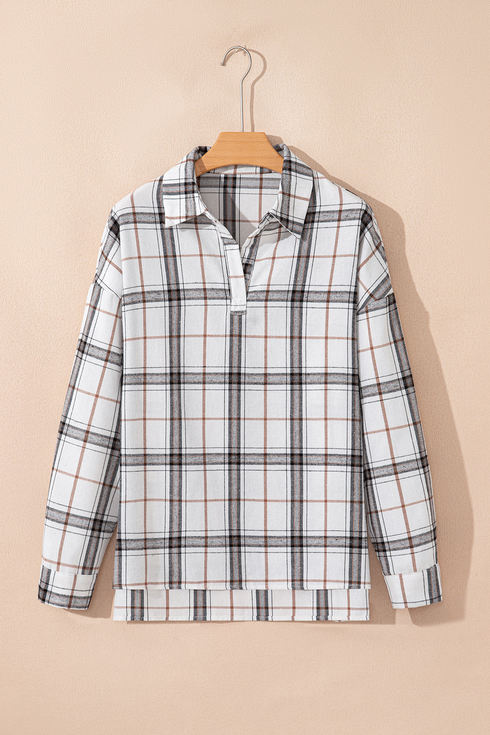 White Plaid Print Collared V Neck Loose Blouse with Side Slits Blouses c9b4127f97ed92fd