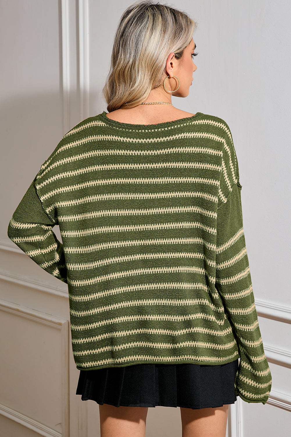 Green Stripe Casual Stripe Round Neck Drop Shoulder Sweater Sweaters c9e631b5e7dc1177