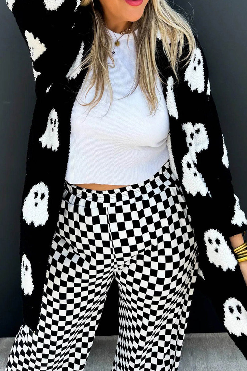 Black Halloween Plaid Ghost Pattern Mid length Knitted Cardigan Cardigans c9f69e2175acbc0b