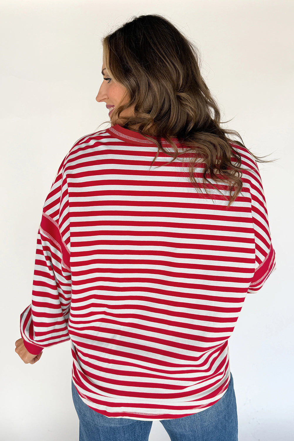 Red Striped Balloon Sleeve V Neck Blouse Long Sleeve Tops ca1ee1b56c6415e1
