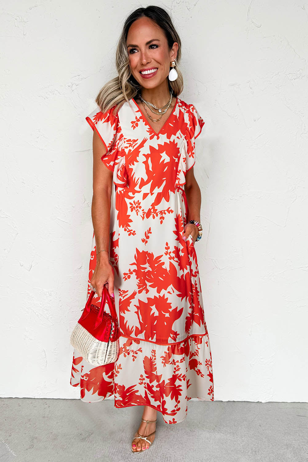 Red Floral Print Trimmed V Neck Ruffle Sleeve Maxi Dress Maxi Dresses ca237317a577e0d0