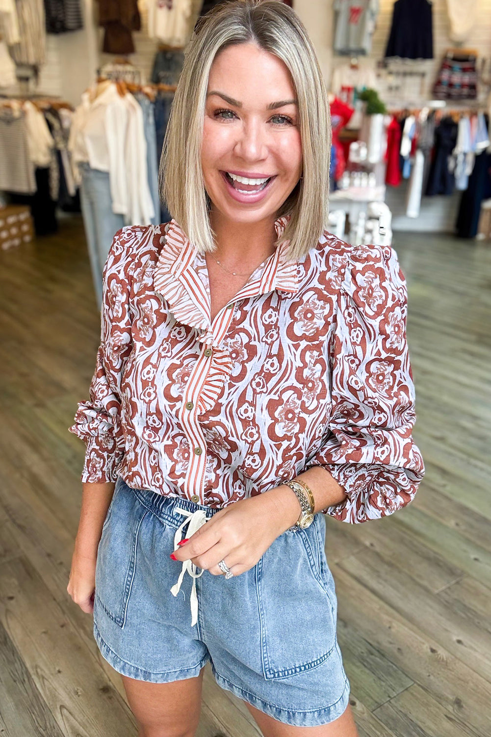 Floral Print Frilled Striped Trim Button Down Smocked Cuffs Long Sleeve Shirt Blouses & Shirts ca29f5d581c825fd