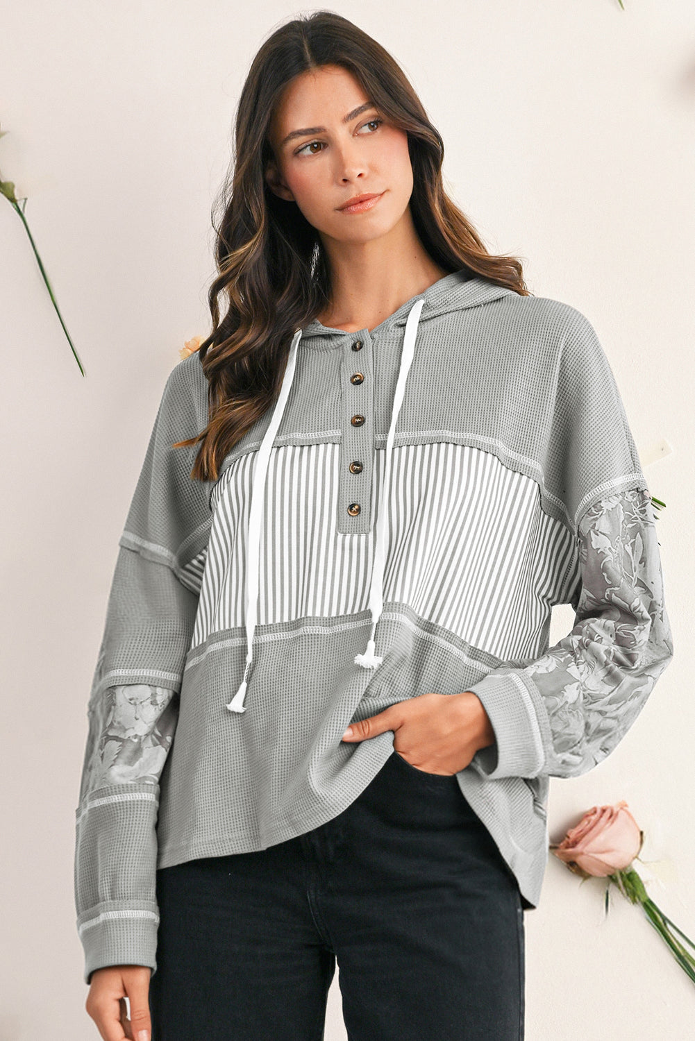 Cinnamon Striped Waffle Patchwork Drawstring Hooded Long Sleeve Top Long Sleeve Tops ca5e8e1d69310990