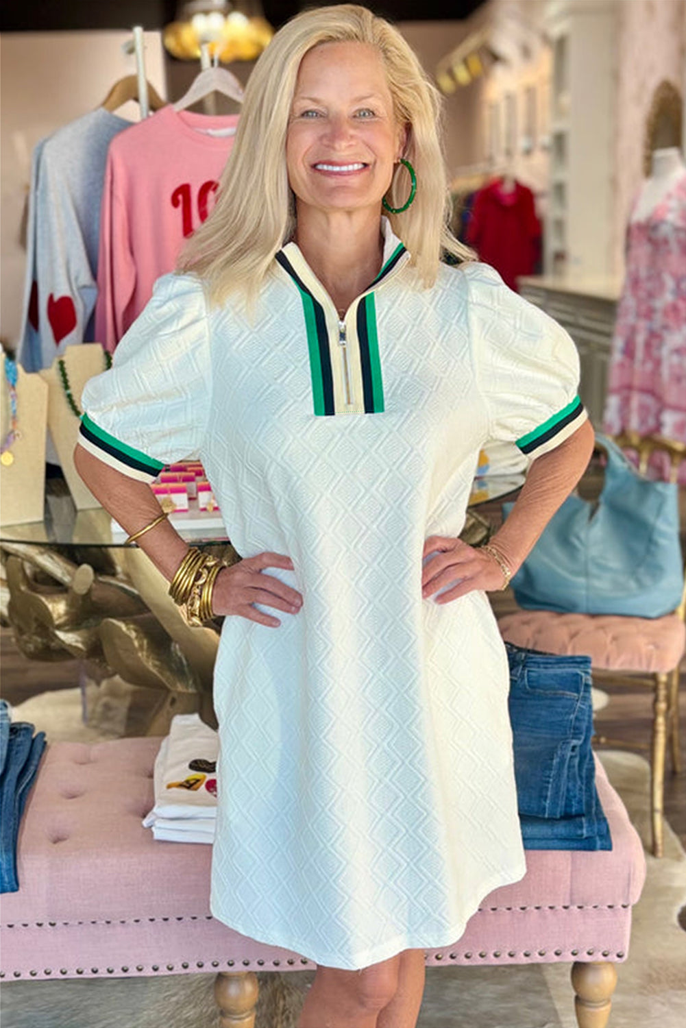 White Pop of Color Neckline Plaid Textured Puff Sleeve Mini Dress Short Dresses caaccf9130347700