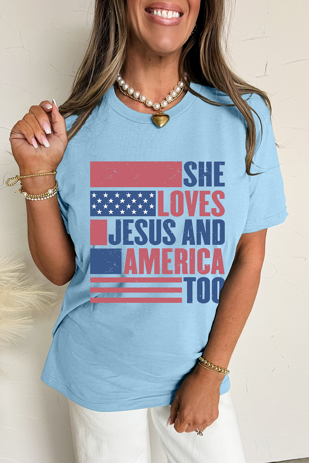 Light Blue SHE LOVES JESUS AND AMERICA TOO Heat Transfer Printing Patriotic T Shirt Graphic Tees caadc6f41ccddf7f