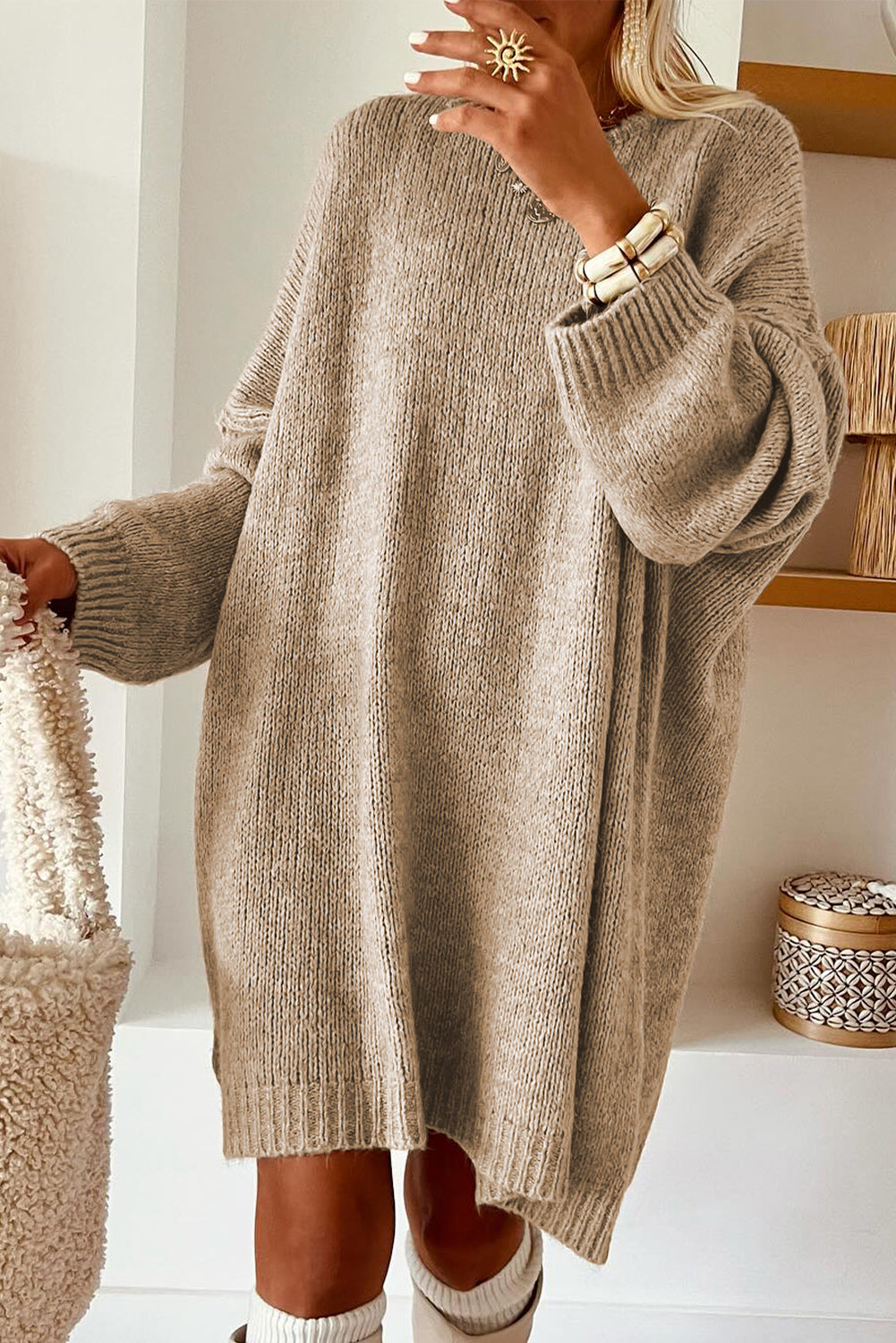 Pale Khaki Exposed Seam Drop Shoulder Oversize Sweater Mini Dress Sweater Dresses cb12c9527c149a37