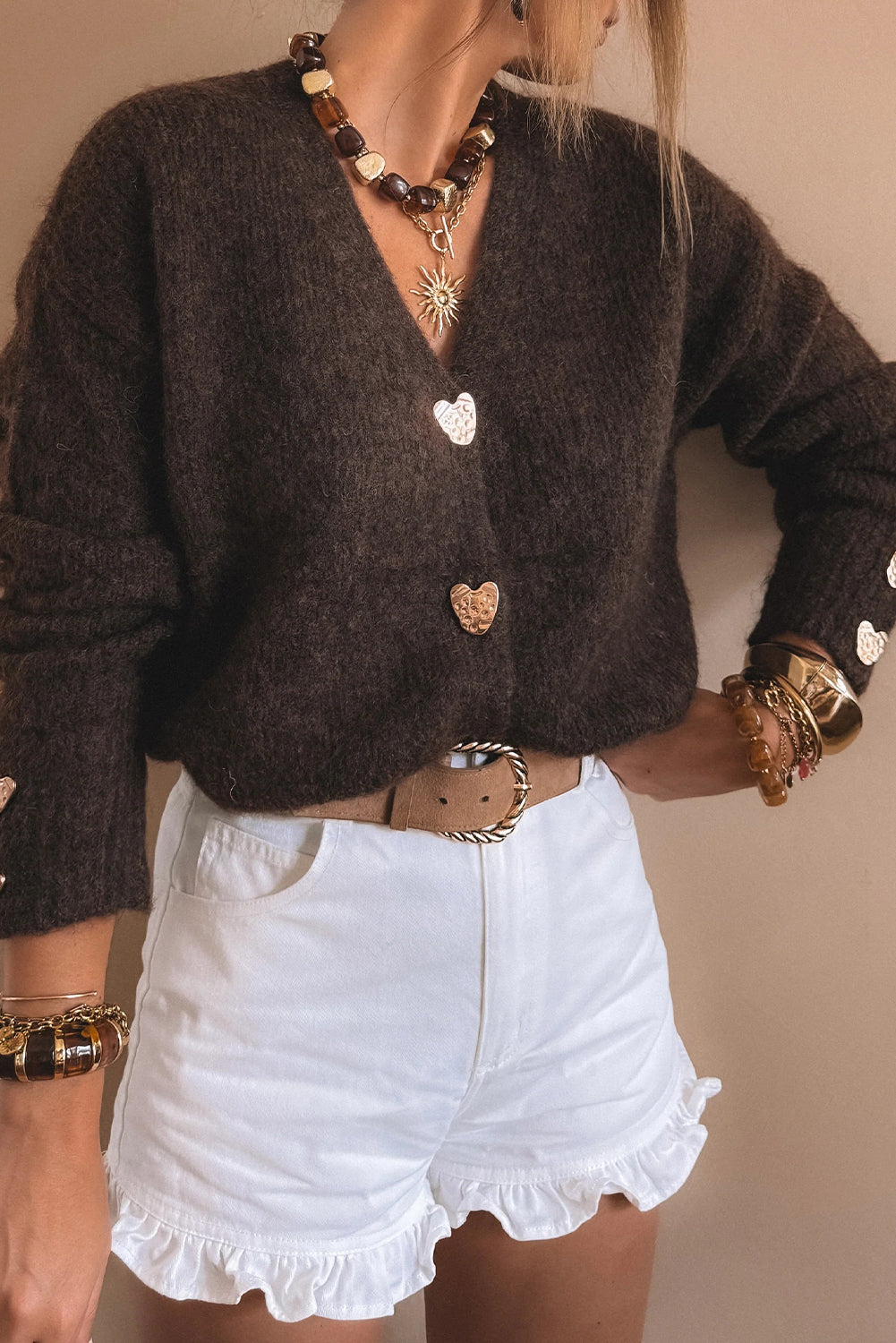 Chicory Coffee V Neck Metallic Heart Button Knit Cardigan Cardigans cb1cc469caf2eec6
