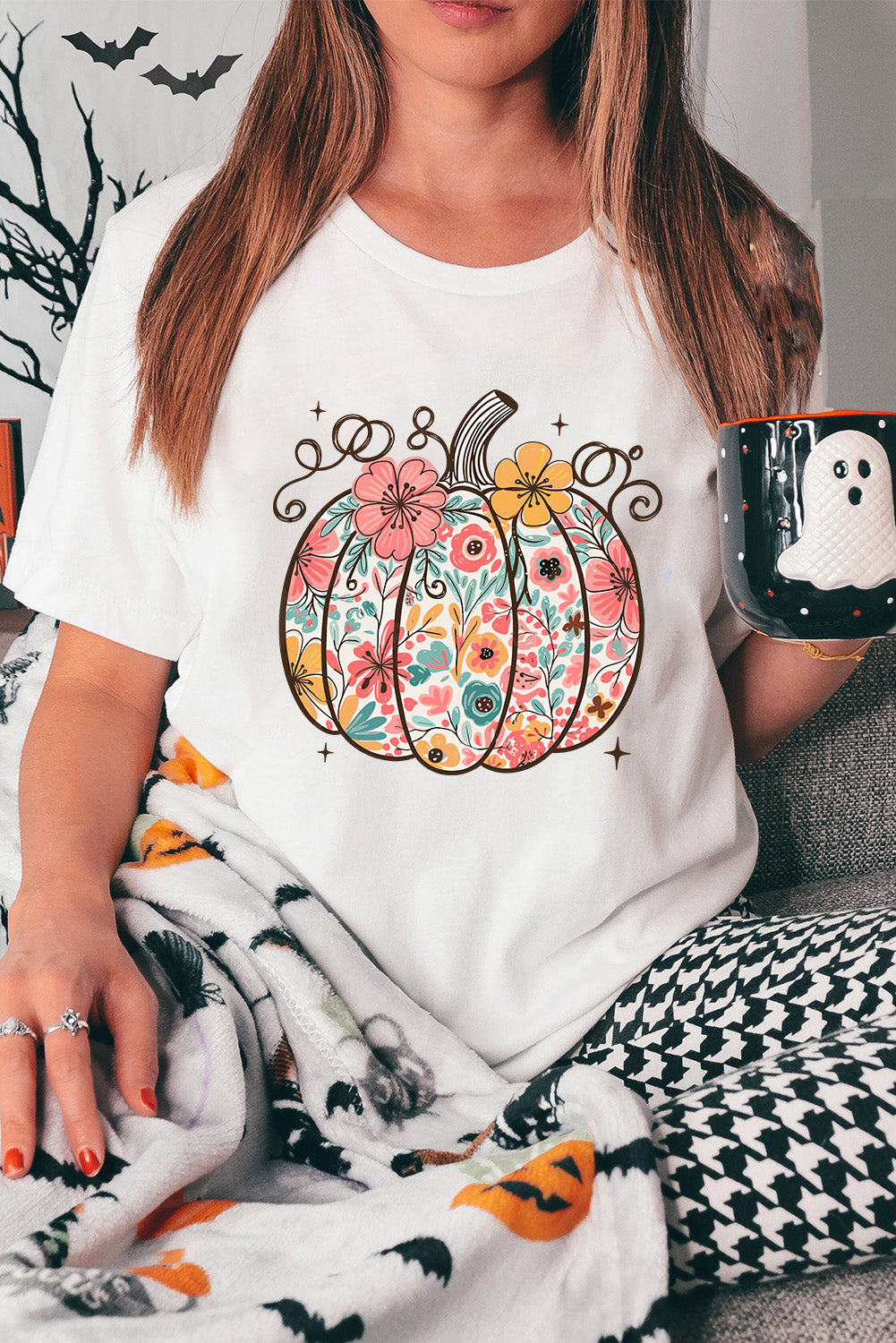 White Floral Pumpkin Heat Transfer Printing Cotton Blend T Shirt Graphic Tees cb1ed19cfa10e981