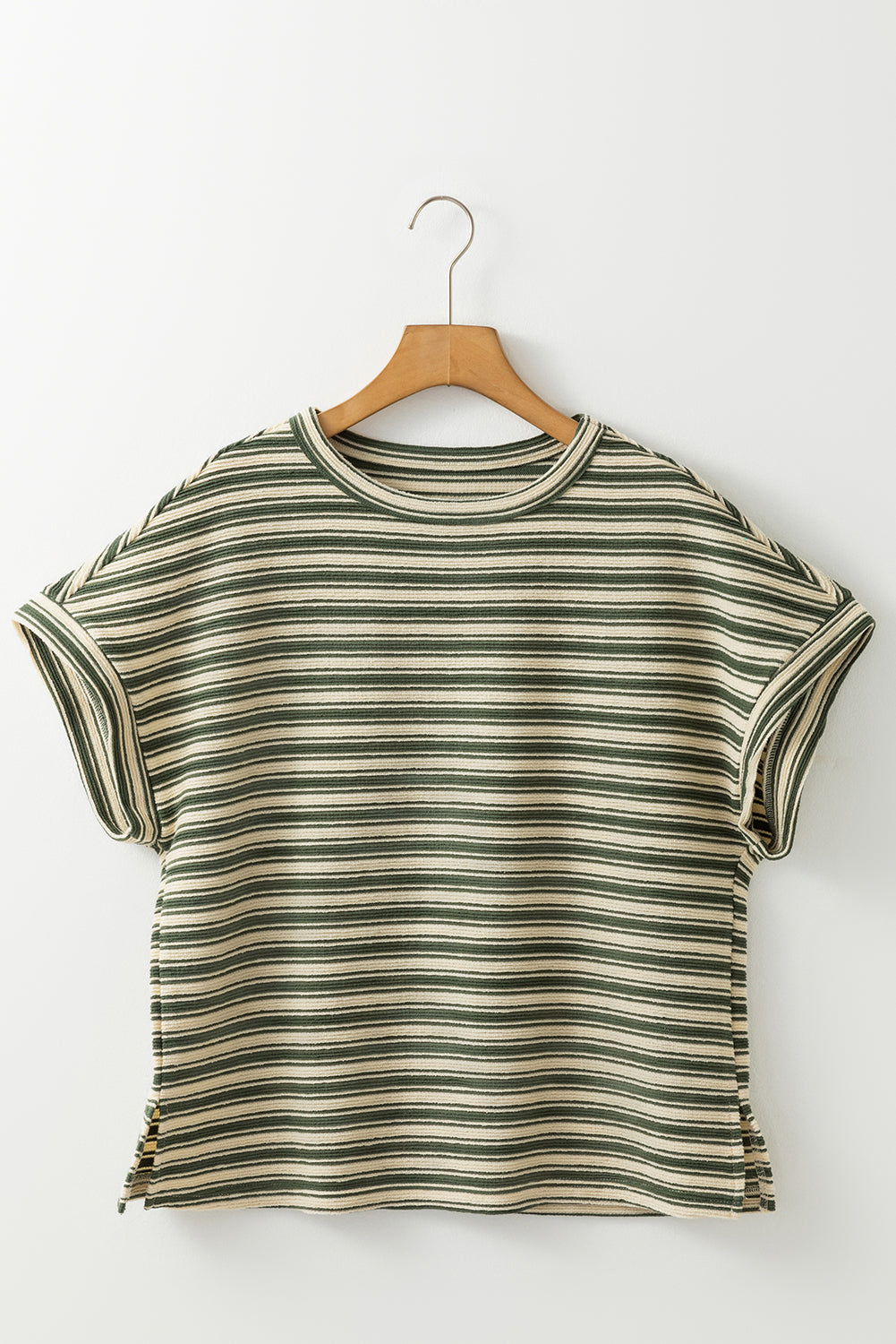 Green Stripe Textured Side Slit Crew Neck T Shirt T Shirts cb24f1f712872a5e