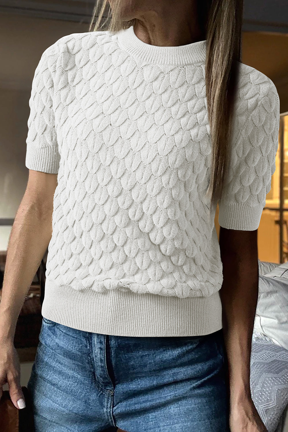White Fish Scale Textured Knit Ribbed High Neck Short Sleeve Sweater Sweaters cb64338cc9e96f5a