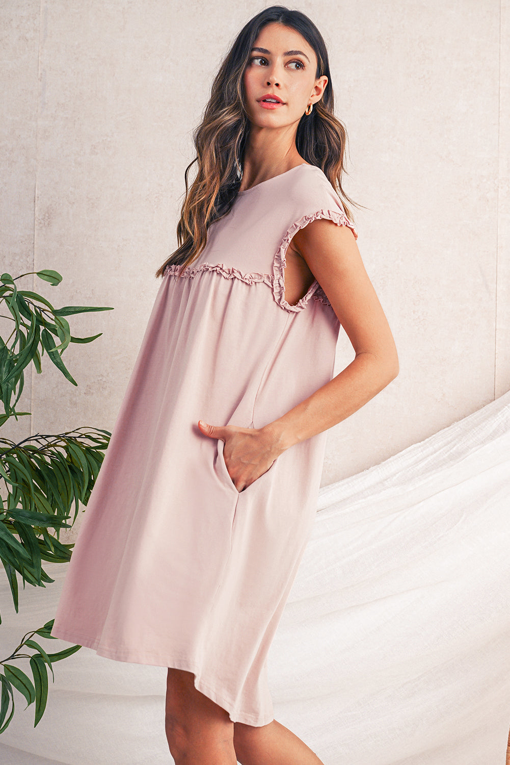 Mint Green Frilled Trim Crewneck Loose Fit Mini Dress Short Dresses cb712f1e214d1283