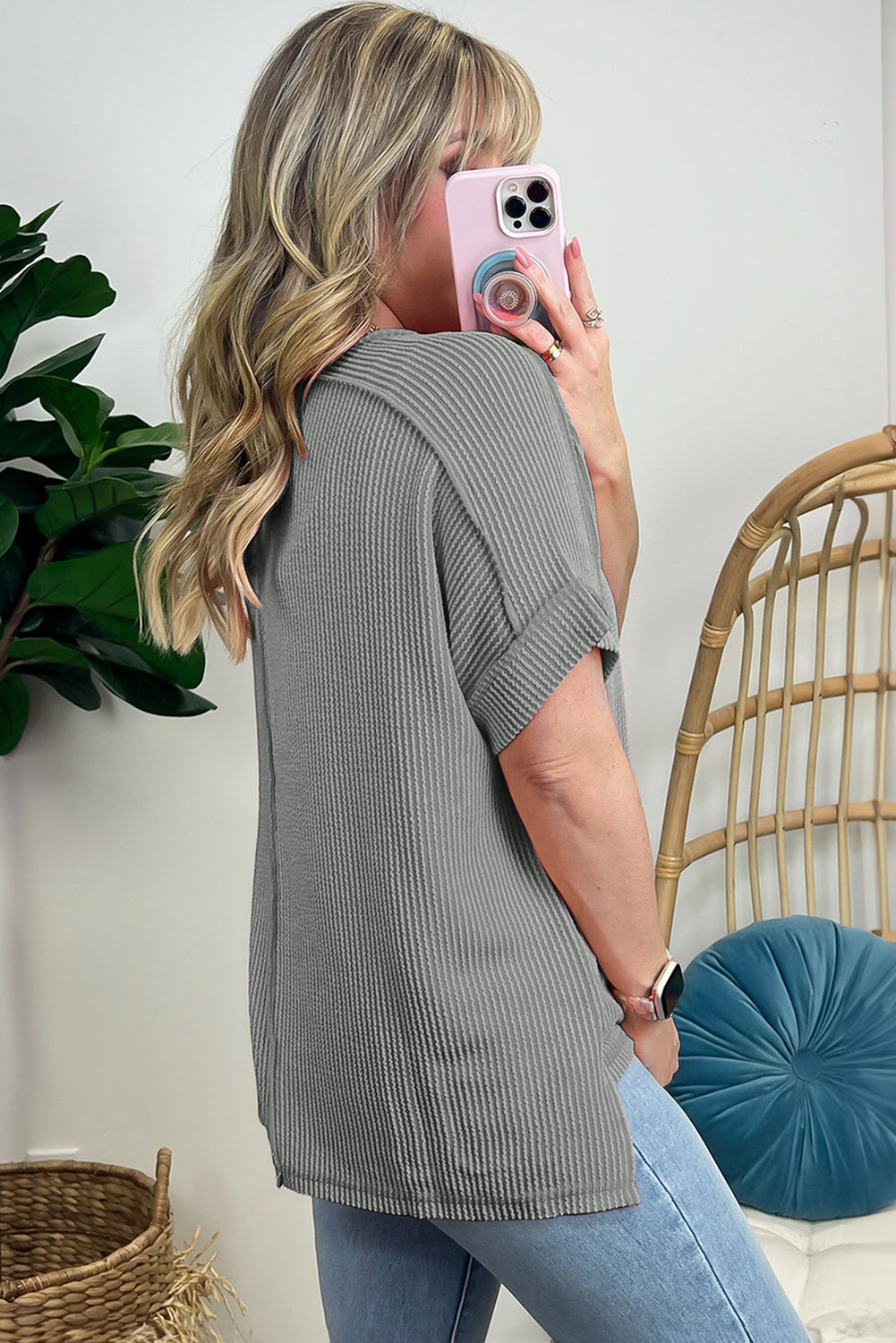 Medium Grey Ribbed Knit Sequin Baseball Graphic T Shirt Graphic Tees cb993d2708db7882