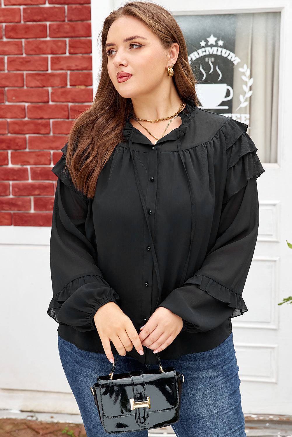 Black Ruffle Balloon Sleeve Chiffon Elegant Plus Size Shirt Plus Size Blouses & Shirts cbb78950305d165a