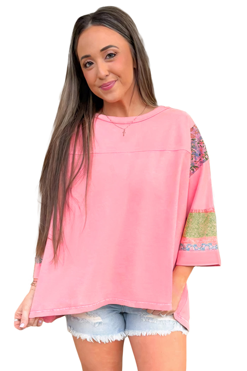 Gossamer Pink Floral Color Block Patchwork Long Sleeve Top Long Sleeve Tops cbb91ce81754eec9