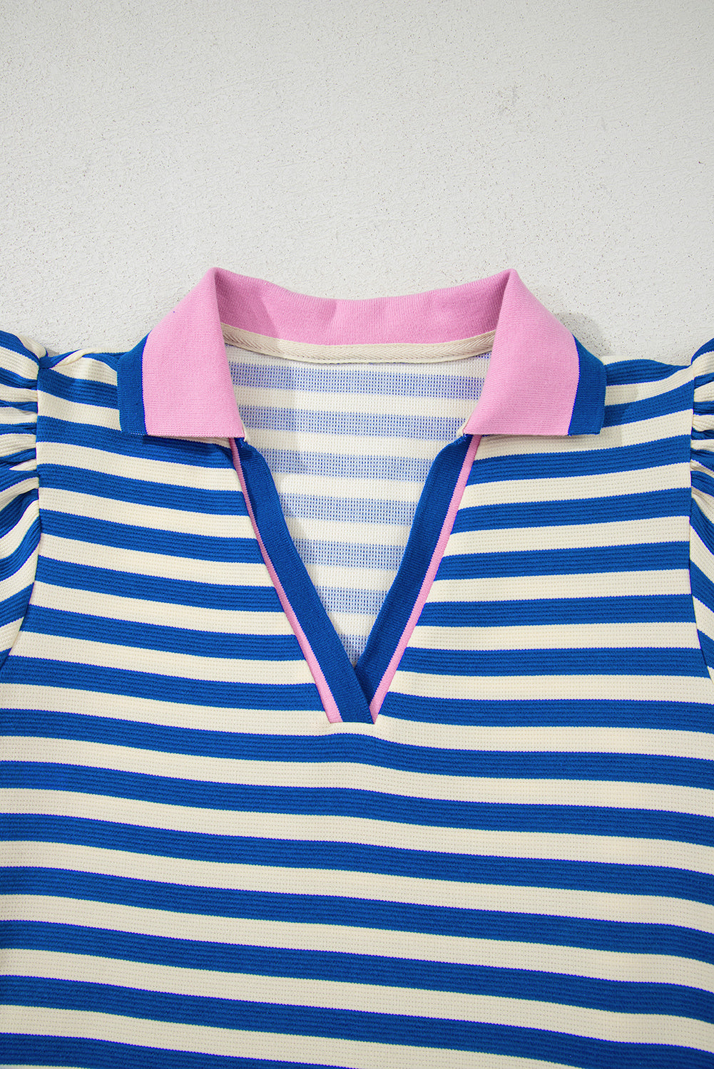 Dark Blue Striped Ruffle Short Sleeve Pop of Color Neckline Dress Short Dresses cbc4394029cacd66