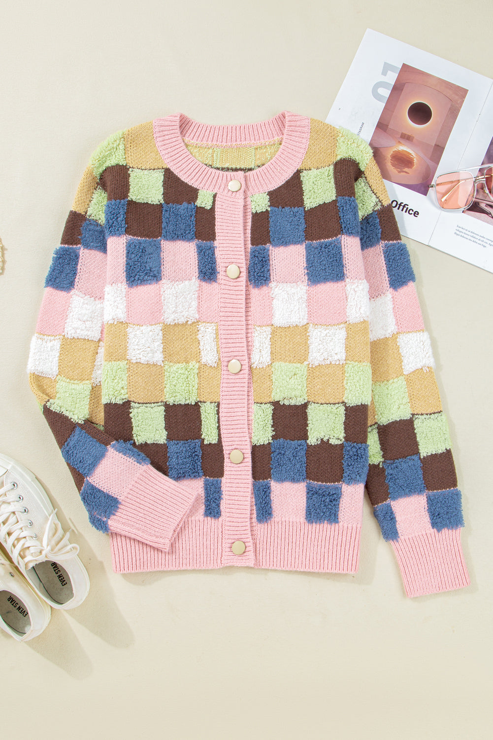 Multicolour Checkered Pattern Button Front Knit Cardigan Cardigans cc2fa4efce5d58df