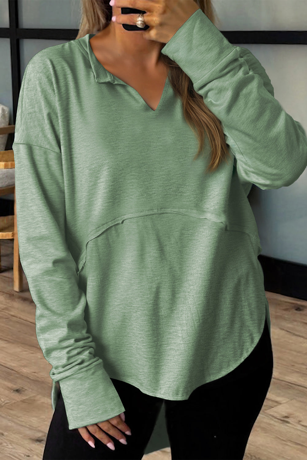 Smoke Green Notched Neck Terry Raw Hem Long Sleeve Top Long Sleeve Tops cc871a66c9baa21f