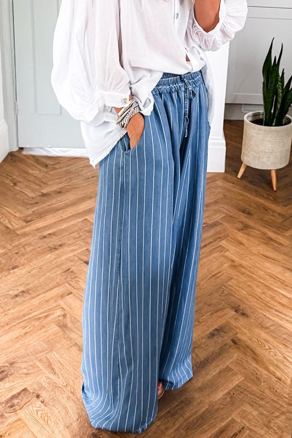 Sky Blue Stripe Chambray Wide Leg Tied Elastic Waist Trousers Pants cc9943f852246438