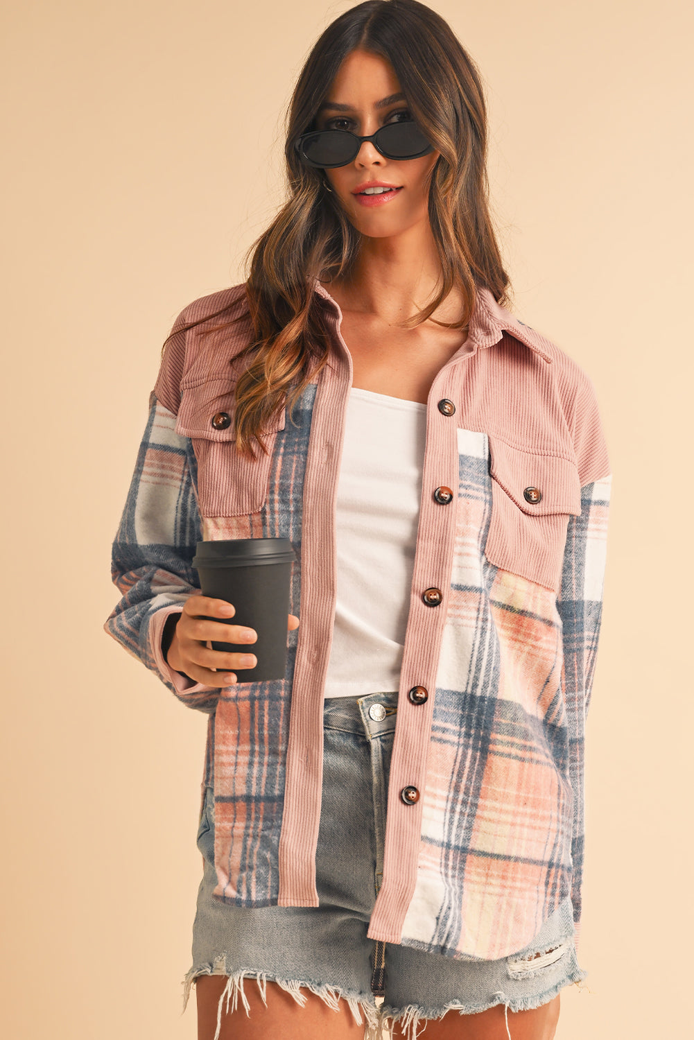 Light Pink Plaid Corduroy Patchwork Pocket Loose Shacket Jackets ccd0e9d03241834d