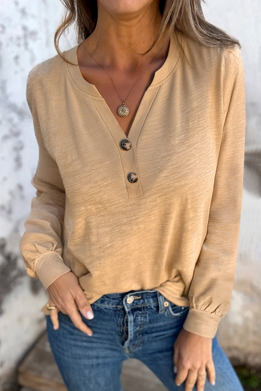 Light French Beige Casual Button V Neck Long Sleeve T-Shirt Long Sleeve Tops cce722006363e80d